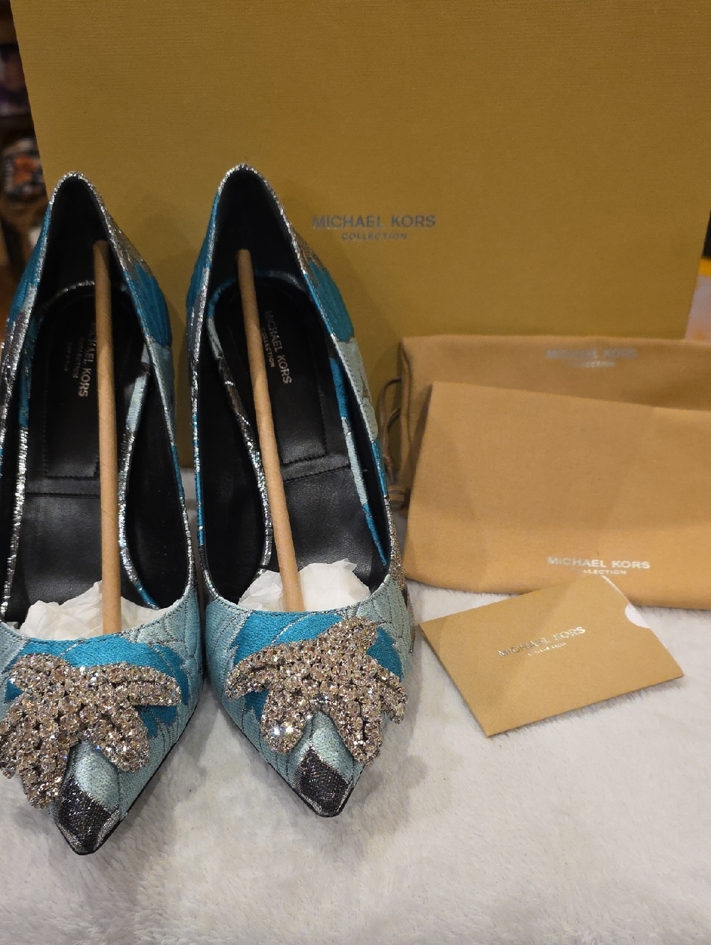 Michael Kors Teal and Silver Crystal-Embellished Pointed Pumps - Picture 3 of 14